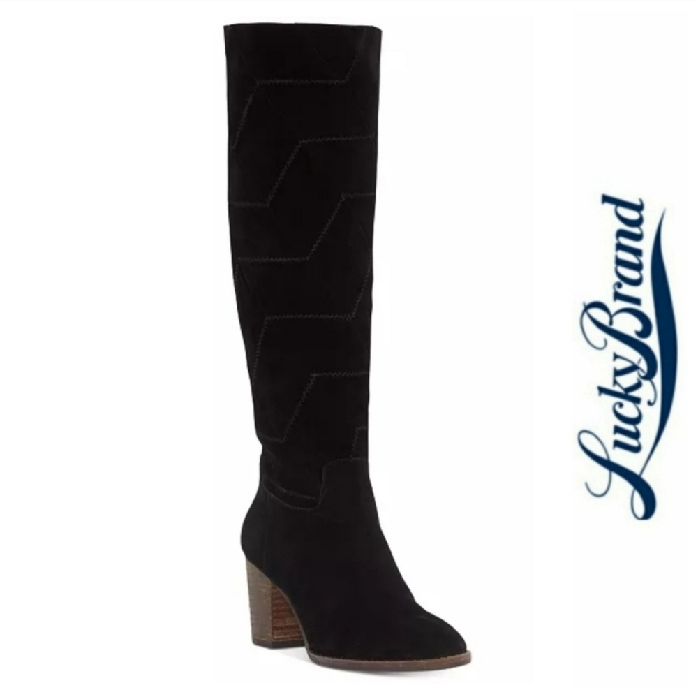 Stylish Lucky Brand Black Suede Stitch Patterned Boots - Picture 1 of 8